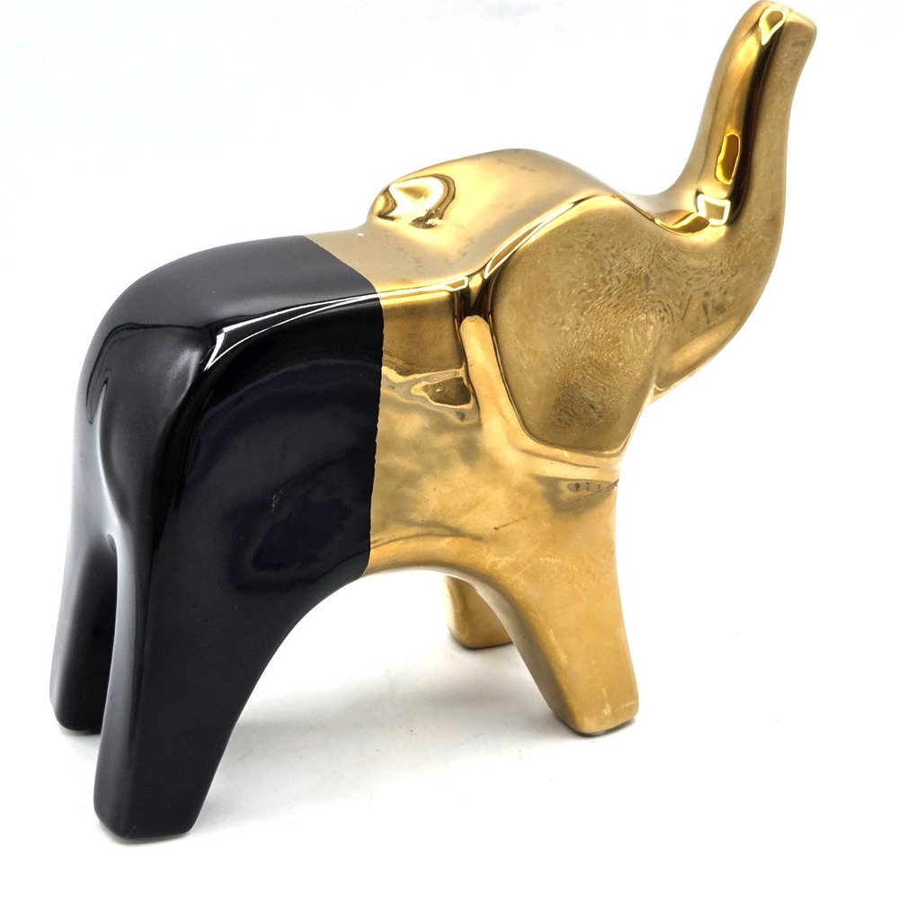 Gold and Black Ceramic Elephant Statue Figurine Raised Trunk Up